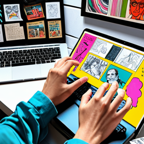 Home 26 **A person passionately working on a creative project (writing, video editing, art) on a laptop, surrounded by inspirational elements (sketches, books, mood board). Emphasis on vibrant colors and a sense of energy and dedication. Style: Modern, digital art.**