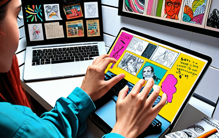**A person passionately working on a creative project (writing, video editing, art) on a laptop, surrounded by inspirational elements (sketches, books, mood board).  Emphasis on vibrant colors and a sense of energy and dedication.  Style:  Modern, digital art.**