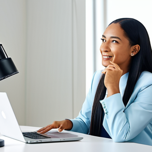 Home 24 A female content creator, wearing modest, modern professional business attire, seated comfortably in a brightly lit, contemporary studio space with subtle creative elements like a microphone and a laptop displaying a content outline. She has a natural, open expression, gently gesturing towards the viewer, conveying genuine connection and her unique voice. The background is clean and uncluttered. safe for work, appropriate content, fully clothed, professional dress, perfect anatomy, correct proportions, natural pose, well-formed hands, proper finger count, natural body proportions, high-quality digital photography, sharp focus, clean aesthetic.