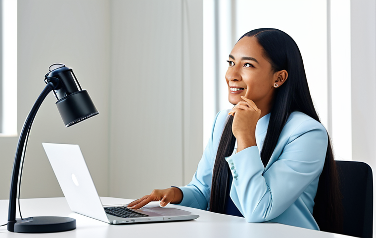 A female content creator, wearing modest, modern professional business attire, seated comfortably in a brightly lit, contemporary studio space with subtle creative elements like a microphone and a laptop displaying a content outline. She has a natural, open expression, gently gesturing towards the viewer, conveying genuine connection and her unique voice. The background is clean and uncluttered. safe for work, appropriate content, fully clothed, professional dress, perfect anatomy, correct proportions, natural pose, well-formed hands, proper finger count, natural body proportions, high-quality digital photography, sharp focus, clean aesthetic.