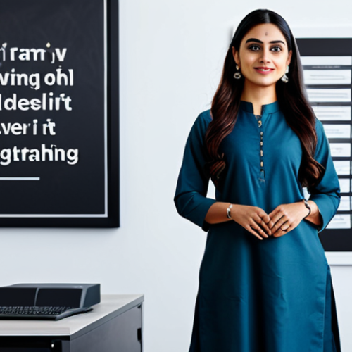 Home 23 **
A professional woman dressed in a modest and stylish kurta, standing confidently in a modern office setting, fully clothed, appropriate attire, safe for work, perfect anatomy, natural proportions, professional photography, high quality, family-friendly. The background features a clean and organized workspace with motivational posters.
**