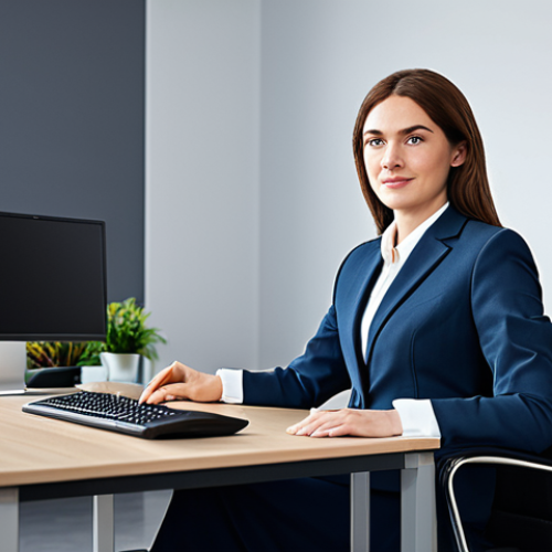 Home 12 A professional businesswoman in a modest business suit, sitting at a desk in a modern office, fully clothed, appropriate attire, safe for work, perfect anatomy, natural proportions, professional photography, high quality.