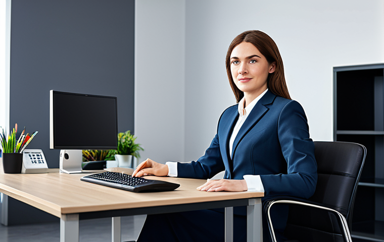 A professional businesswoman in a modest business suit, sitting at a desk in a modern office, fully clothed, appropriate attire, safe for work, perfect anatomy, natural proportions, professional photography, high quality.