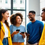 크리에이터의 미디어 믹스 전략 - **Prompt:** A diverse group of people, ranging from teenagers to adults, gathered in a bright, moder...