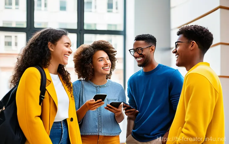 크리에이터의 미디어 믹스 전략 - **Prompt:** A diverse group of people, ranging from teenagers to adults, gathered in a bright, moder...