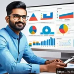크리에이터의 혁신적인 콘텐츠 기획 - A vibrant digital marketing workspace with a young Indian content creator analyzing social media ana...